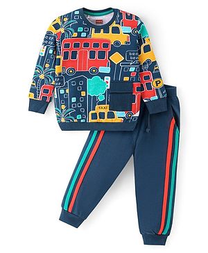 Babyhug Cotton Knit Full Sleeves T-Shirt & Lounge Pants Set With Vehicles Print - Navy