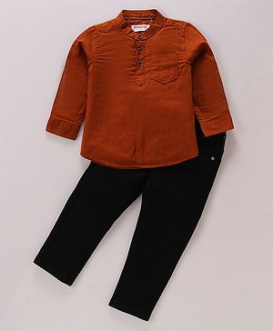 Babyhug Cotton Woven Full Sleeves Mandarin Collared Solid Kurta Shirt & Denim Jeans Set - Brown & Black