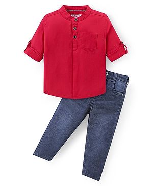 Babyhug Cotton Woven Full Sleeves Manderin Collar Solid Colour Shirt & Jeans Set - Red & Blue