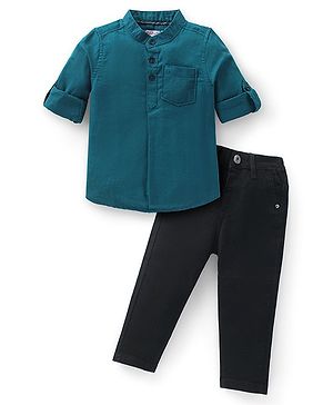 Babyhug Cotton Woven Full Sleeves Mandarin Collared Solid Kurta Shirt & Denim Jeans Set - Blue & Black