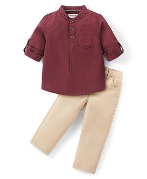 Babyhug Cotton Woven Full Sleeves Mandarin Collared Solid Kurta Shirt & Lounge Pants Set - Maroon & Beige
