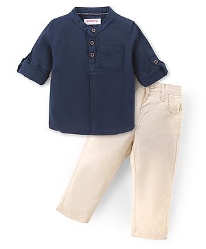 Babyhug Cotton Woven Full Sleeves Solid Shirt & Trouser Set - Navy Blue