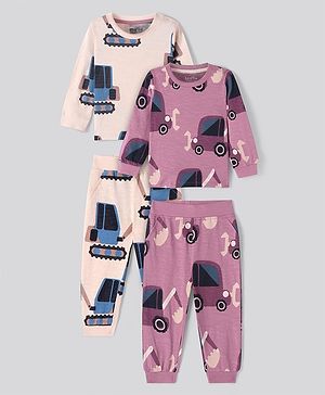 Bonfino 100% Cotton Knit Full Sleeves Vehicle Printed Night Suits Pack of 2 - Light Pink & Plum
