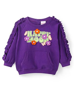 Babyhug Cotton Knit Full Raglan Sleeves Sweatshirt With Text Graphics Floral Applique & Kangaroo Pockets - Purple