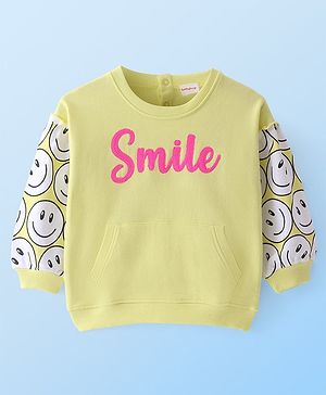 Babyhug Cotton Knit Full Sleeves Drop Shoulder Sweatshirt With Smiley Print - Lime Green