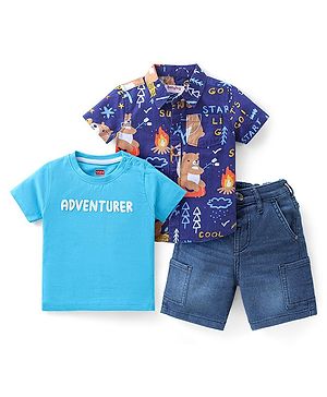 Babyhug Cotton Woven Half Sleeves Shirt With T-Shirt & Denim Shorts Set Camping Adventure Themed - Blue