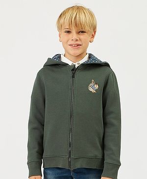 One Friday Full Sleeves Squirrel Embroidered  Hoodie  - Green