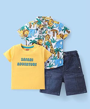 Babyhug Cotton Woven Half Sleeves Shirt With T-Shirt & Denim Shorts Set Safari Adventure Themed - Multicolor