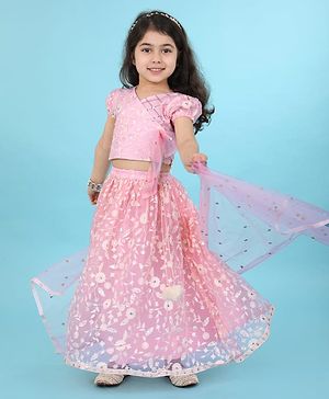 Babyhug Woven Short Sleeves Net Sequinned Floral Embroidered Choli Lehenga & Dupatta Set - Pink