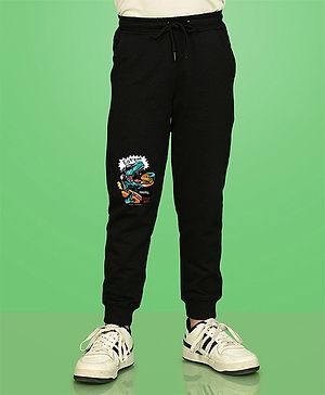 NUSYL Cotton Dinosaur & Text Printed Track Pant - Black