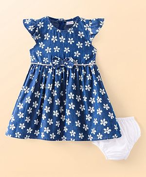 Babyhug Cotton Woven Frill Sleeves Frock With Floral Print Bow & Bloomer - Light Blue