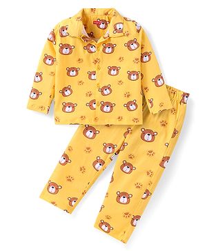 Babyhug Cotton Knit Full Sleeves Teddy Bear Printed Night Suit - Yellow