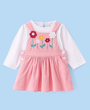 Babyhug Cotton Woven Floral Embroidered Frock With Full Sleeves Polka Dots Inner Tee - Pink
