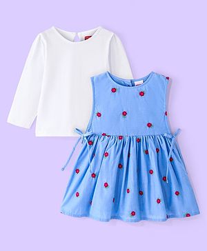 Babyhug Cotton Knit Full Sleeves Top with Frock Floral Embroidery - Blue