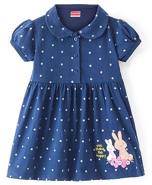 Babyhug Single Jersey Half Sleeves Frock with Polka Dots Print & Bunny Embroidery - Navy Blue