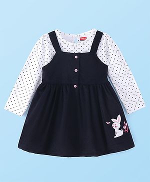 Babyhug Single Jersey Knit Frock With Full Sleeves Inner Tee Bunny Embroidered & Polka dots Print- Navy