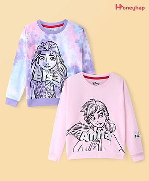 Honeyhap Disney Terry Drop Shoulder Full Sleeves Sweatshirt With Disney Princess Elsa & Anna Graphics and Badge Detailing Pack of 2 - Purple & Pink