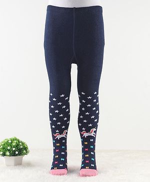 Cute Walk by Babyhug Antibacterial Footie Tights with Star & Unicorn Design - Navy