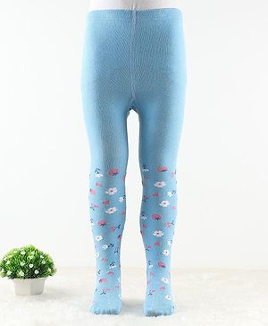 Cute Walk by Babyhug Antibacterial Footie Tights with Floral Design - Sky Blue