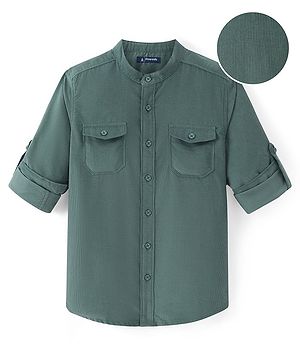 Pine Kids Cotton Woven Full Sleeves Mandarin Collar Solid Shirt - Green