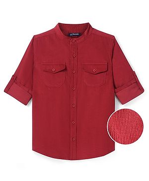 Pine Kids Cotton Woven Full Sleeves Mandarin Collar Solid Color Shirt with Pockets - Maroon