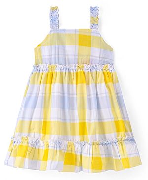Babyhug Single Jersey Knit Singlet Sleeves Tiered Checkered Frock - Yellow & Blue