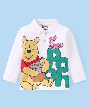 Babyhug Disney Cotton Knit Full Sleeve Polo T-Shirt With Winnie the Pooh Print - White