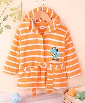 Babyhug Cotton Knit Full Sleeves Striped Hooded  Bathrobe with Dino Embroidery - Orange