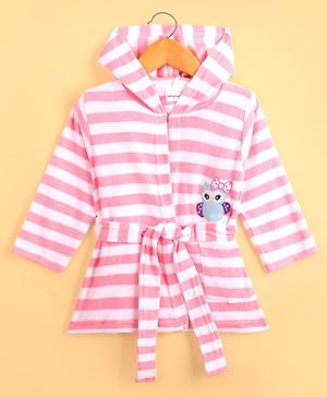 Babyhug Cotton Knit Full Sleeves Striped Hooded  Bathrobe with Owl Embroidery - White & Pink