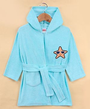 Babyhug Full Sleeves Cotton Knit Hooded Bath Robe  Giraffe Embroidery with Pocket - Blue
