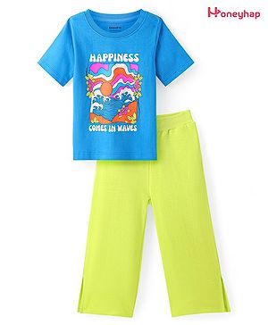 Honeyhap Premium 100% Cotton Single Knit Half Sleeves Top and Lounge Pant With Bio Finish Text Print -Blue & Green