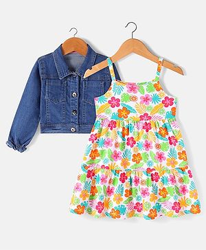 Babyhug Cotton Knit Denim Full Sleeves Jacket With Frock Floral Print - White Pink & Yellow