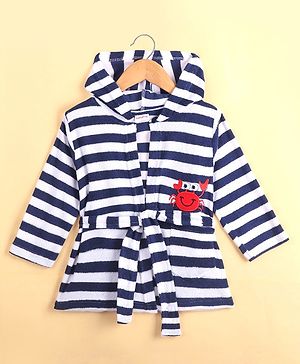 Babyhug Cotton Knit Full Sleeves Hooded Bathrobe with Crab Embroidery - White & Blue
