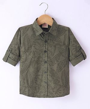 Rikidoos Full Sleeves Leaves Printed Shirt - Olive Green