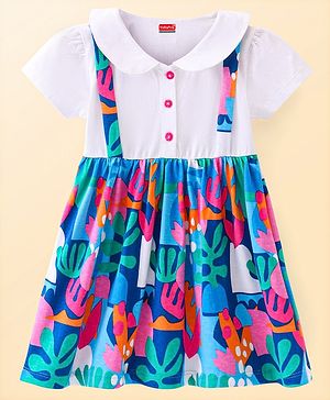 Babyhug Cotton Woven Half Sleeves Floral Printed Frock with Peter Pan Collar Detailing - Blue & White