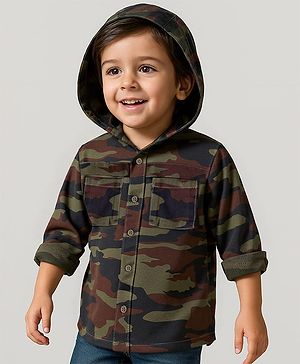 Babyhug Cotton Woven Full Sleeves Hooded Camouflage Printed Shirt - Dark Green