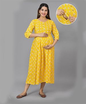 Kaheksa Three Fourth Sleeves Floral Printed Long Maternity Dress With Concealed Zipper Nursing Access - Yellow