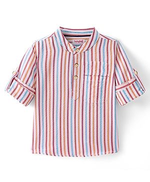 Babyhug Cotton Woven Seersucker Full Sleeves Mandarin Collared Kurta Style Striped Shirt with Pocket - Multicolour