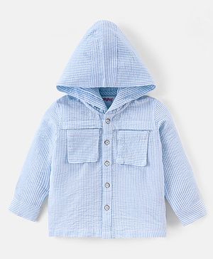 Babyhug Cotton seersucker Woven Full Sleeves Hooded Shirt with Stripes Design - Sky Blue