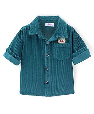 Babyhug Cotton corduroy Woven Full Sleeves Solid Corduroy Shirt With Badge Detailing - Teal Blue