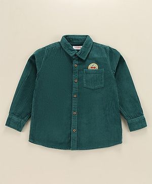 Babyhug Cotton corduroy Woven Full Sleeves Solid Corduroy Shirt With Badge Detailing - Teal Blue