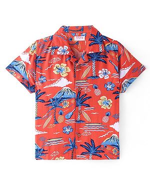 Babyhug Cotton Viscose Woven Half Sleeves Beach Theme Printed Shirt - Red
