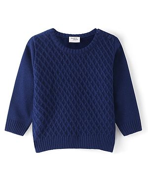 Doodle Poodle Knitted Full Sleeves Solid Colour Pullover Sweater with Cable Knit Design - Blue