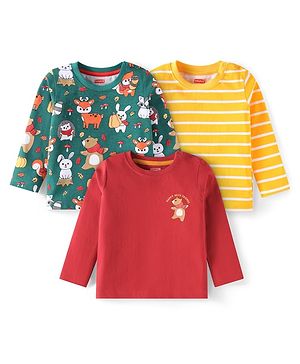 Babyhug Cotton Knit Full Sleeves T-Shirts with Animal Print & Stripes Pack of 3 - Red Green & Yellow