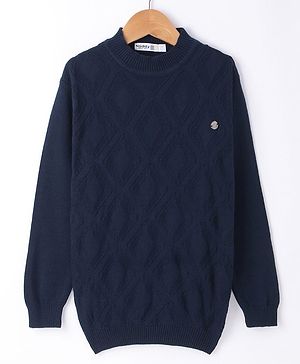 Noddy Full Sleeves  Self Designed  Sweater - Navy Blue