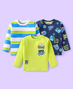 Babyhug Cotton Knit Full Sleeves T-Shirts with Stripes & Super Print Pack of 3 - Blue & Green