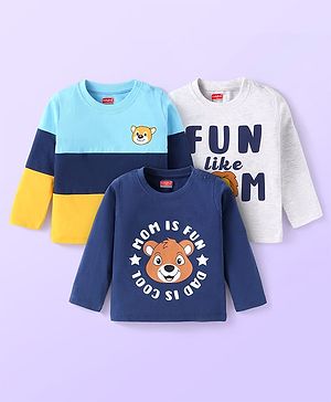 Babyhug Cotton Knit Full Sleeves T-Shirts With Text & Animal Print Pack of 3 - Navy Blue & White