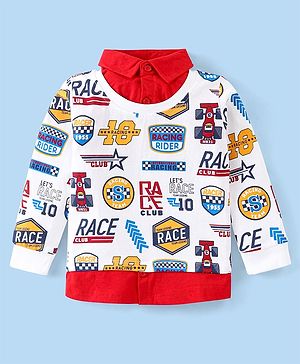 Babyhug Cotton Knit Full Sleeves Overlapped  T-Shirt with Stamp Print - White & Red