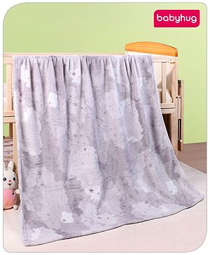 Babyhug Premium All Season Coral Blanket with Star Print - Grey