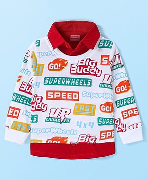 Babyhug Cotton Knit Full Sleeves Overlapped T-Shirt With Text Print - Red & White